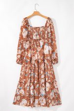 Brown Floral Print Shirred Square Neck High Waist Maxi Dress - Image 5