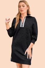 Black Jacquard Textured Quarter Zipper Pop of Color Neckline Dress