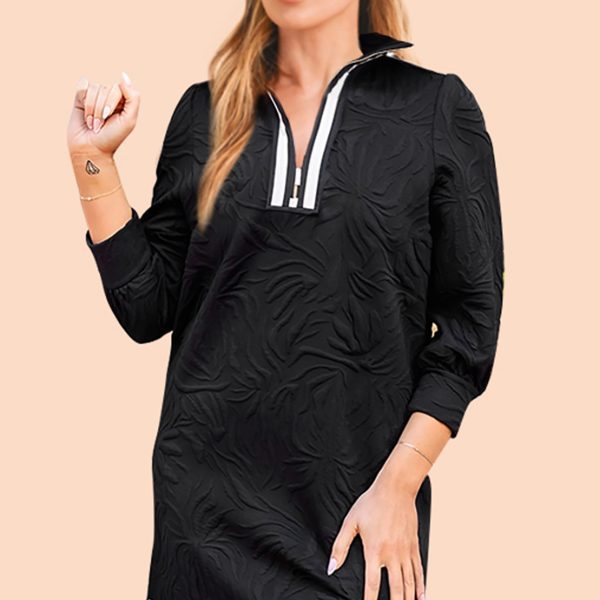 Black Jacquard Textured Quarter Zipper Pop of Color Neckline Dress