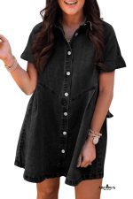 Black Short Sleeve Button Up Loose Denim Shirt Dress - Image 11