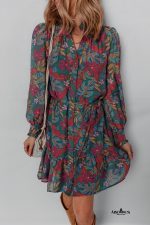 Green Floral Frill V Neck Puff Sleeve Ruffle Mini Dress - Image 3