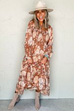 Brown Floral Print Shirred Square Neck High Waist Maxi Dress - Image 4