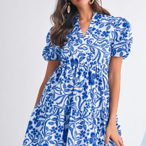 Blue Flower Print Puff Sleeve Ruffle Mini Dress