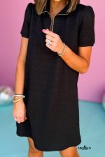Black Textured Zipped Collar Shift Polo T Shirt Dress - Image 7
