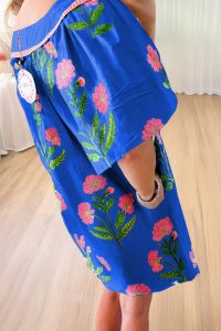 Blue Striped Trim Short Sleeve Split Neck Floral Mini Dress - Image 2