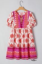 Rose Boho Floral Short Sleeve Tie V Neck Mini Dress - Image 13