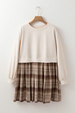 Beige Plaid Patchwork High Waist Sweatshirt Mini Dress - Image 10