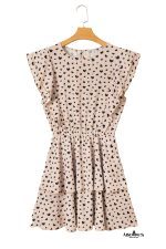 Khaki Heart Printed Flutter Sleeve Cinched Waist Tiered Ruffle Mini Dress - Image 10