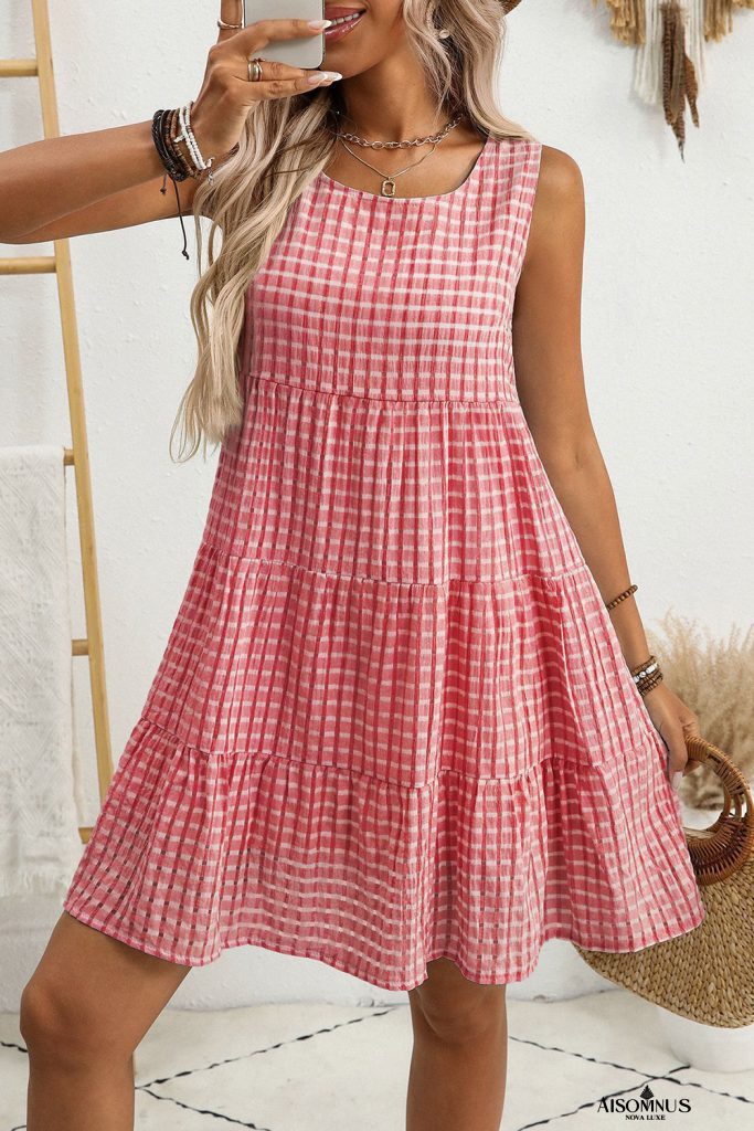 Red Gingham High Waist Sleeveless Mini Dress