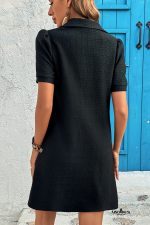 Black Textured Zipped Collar Shift Polo T Shirt Dress - Image 2