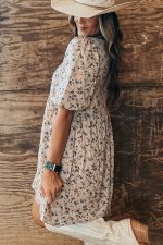 Beige Floral Puff Short Sleeve Empire Waist Mini Dress - Image 2
