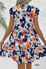Orange Floral Print Notched Neck Flutter Sleeve Mini Dress - Image 2