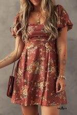 Red Floral Puff Sleeve Square Neck Knot Open Back Mini Dress - Image 3