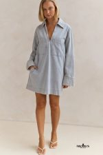 Beau Blue V Neck Collar Pocket Denim Mini Dress - Image 6