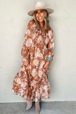 Brown Floral Print Shirred Square Neck High Waist Maxi Dress - Image 3