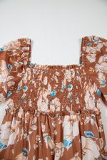 Brown Floral Print Shirred Square Neck High Waist Maxi Dress - Image 7
