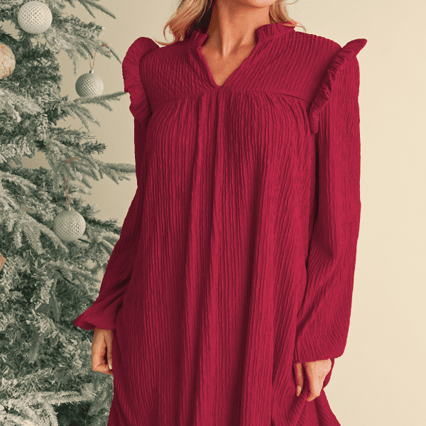 Fiery Red Frill Trim V Neck Loose Fit Ribbed Mini Dress