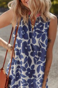 Blue Floral Sleeveless Notched V Neck Mini Dress - Image 7