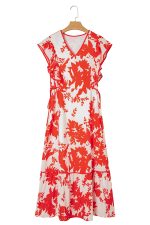 Red Floral Print Trimmed V Neck Ruffle Sleeve Maxi Dress - Image 13