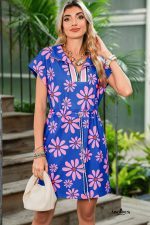 Purple Pop of Color Quarter Zip Collar Drawstring Waist Floral Mini Dress - Image 5