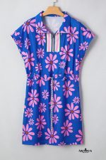 Purple Pop of Color Quarter Zip Collar Drawstring Waist Floral Mini Dress - Image 6
