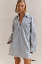 Beau Blue V Neck Collar Pocket Denim Mini Dress - Image 3