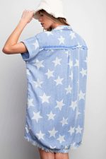 Sky Blue Star Print Frayed Hem Buttoned Denim Mini Dress - Image 2