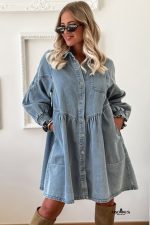 Beau Blue Smocked Cuffs Flared Denim Shirt Mini Dress - Image 4
