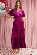 Red Dahlia Velvet Short Sleeve Shirred Waist Tiered Maxi Dress - Image 5