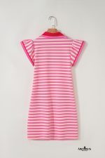 Sachet Pink Striped Ruffle Short Sleeve Pop of Color Neckline Dress - Image 6