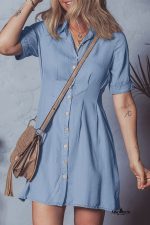 Myosotis Pleated High Waist Short Sleeve Shirt Dress - Image 6