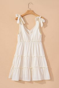 Oatmeal Solid Color Tie Strap Ruffle Tiered Mini Dress - Image 11