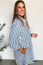 Blue Striped Collared Half Button Side Pockets Loose Fit Mini Dress - Image 3