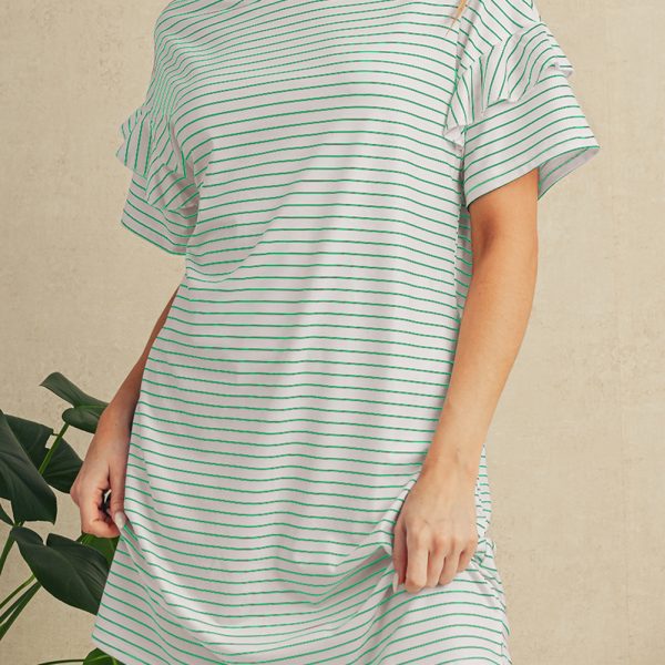 Green Stripe Ruffle Short Sleeve T Shirt Mini Dress