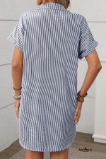 Black Stripe Button Up Pocket Collared Mini Dress - Image 2