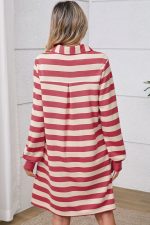 Pink Stripe Pocketed Collared V Neck Loose Fit Mini Dress - Image 2