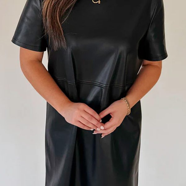 Black Solid Color Faux Leather Short Sleeve Mini Dress