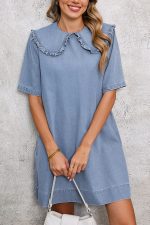 Beau Blue Frill Trim Peter Pan Collar Denim Babydoll Dress
