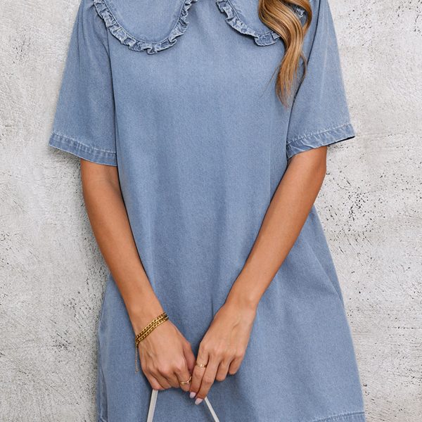 Beau Blue Frill Trim Peter Pan Collar Denim Babydoll Dress