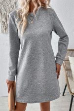 Gray Solid Color Textured Long Sleeve Shift Short Dress - Image 3