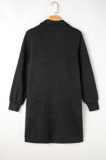 Black Jacquard Textured Quarter Zipper Pop of Color Neckline Dress - Image 4