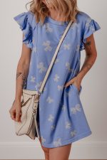 Sky Blue Bow Print Ruffle Sleeve Mini Dress - Image 4