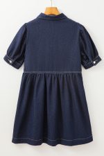 Dirty Blue Puff Sleeve Half Zipper Denim Flowy Dress - Image 11