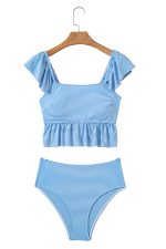 Sky Blue Striped Ruffled Shoulder Peplum Top 2 Piece Tankinis - Image 16