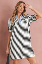 Black Stripe Collared Puff Sleeve Pocketed Mini Dress - Image 7
