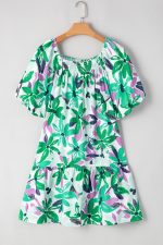 Green Floral Print Shirred Square Neck Loose Fit Mini Dress - Image 6
