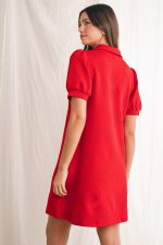 Fiery Red V Neck Puff Sleeve Textured Mini Dress - Image 6