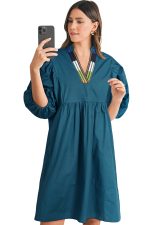 Blue Sapphire Puff Sleeve Pleated Pop of Color Neckline Dress - Image 13