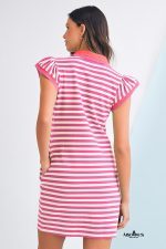 Sachet Pink Striped Ruffle Short Sleeve Pop of Color Neckline Dress - Image 2