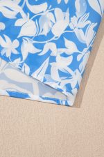 Sky Blue Floral Print Deep V Neck Puff Sleeve Flowy Dress - Image 6